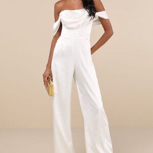 Lulus Unbelievable Aura White Satin Off-the-shoulder Jumpsuit - Size M